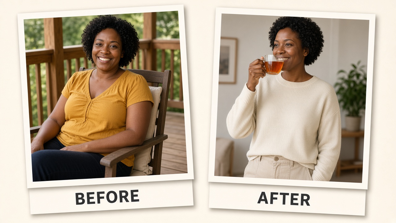 Alicia before and after a month of the evening tea ritual