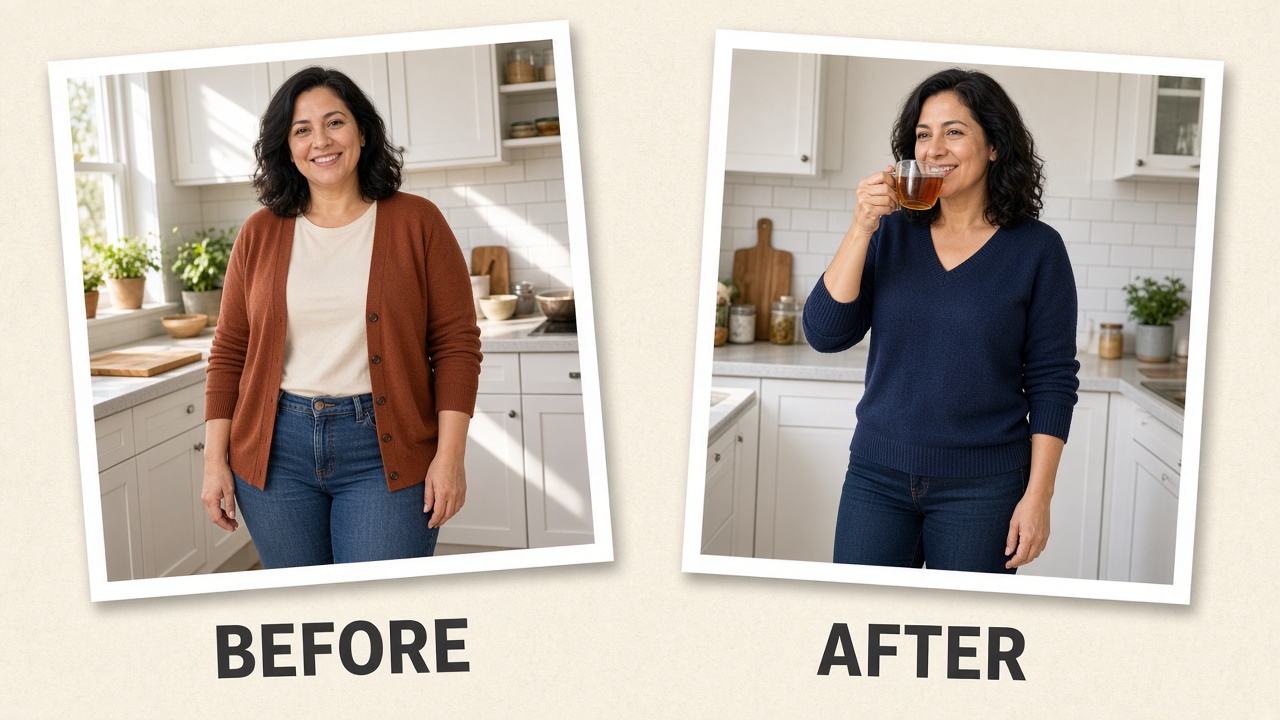 Elena before and after a month with the morning and evening tea ritual